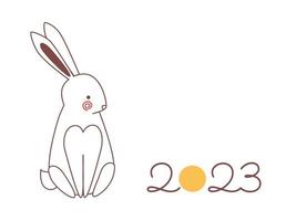 New Year 2023 rabbit greeting card template. Outline doodle drawing on white background. vector