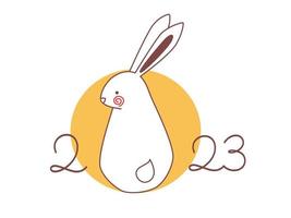 White rabbit silhouette on moon in hand drawn doodle style. Happy New Year 2023 greeting card template. vector