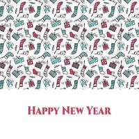 diseño de tarjeta de felicitación de feliz año nuevo. medias de garabatos navideños y patrón de cajas de regalo. vector