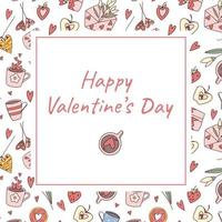 Happy Valentine's Day square frame card template.. Pink elements on white background with drawn style text. vector