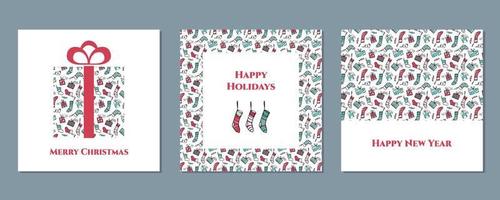 Merry Christmas and Happy Holidays greeting cards collection. Modern card templates in red and green colors on white background. vector