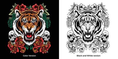 ilustración de tigre con calavera y rosas alrededor para prendas de vestir y otros usos vector