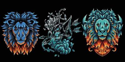 Collection of wolf and lion head in neon color style vector