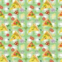 Seamless background with pizza slices and ingredients. vector