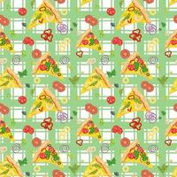 Seamless background with pizza slices and ingredients. vector