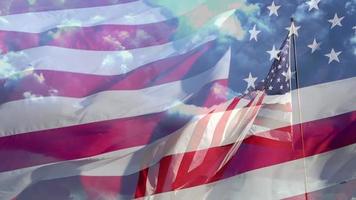 American flag waving on timelapse, double exposure video