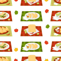 Seamless pattern with Mexican food Quesadilla, Tacos, Empanadas and corn tortillas in plates on tablecloth png