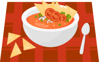 Mexicaans tomaat soep. geserveerd schotel Aan tafelkleed met lepel png