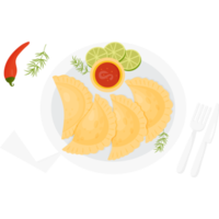 Mexikanische Empanadas auf Teller mit Sauce, Limettenscheiben und Chilischoten. Geschirr servieren png