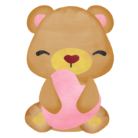 adorável urso pardo com tema de dia dos namorados em aquarela de coração rosa png