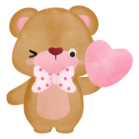 adorável urso pardo com tema de dia dos namorados em aquarela de coração rosa png