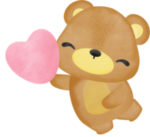 adorable brown bear with pink heart watercolor valentines theme png