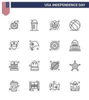 Big Pack of 16 USA Happy Independence Day USA Vector Lines and Editable Symbols of police man flag usa ball Editable USA Day Vector Design Elements