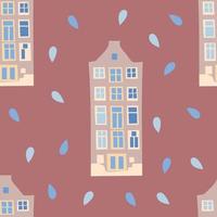 Architecture Amsterdam cozy and cute seamless pattern on a pink background. vector