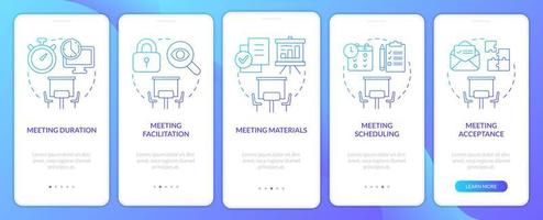 Meeting norms blue gradient onboarding mobile app screen. Business conference walkthrough 5 steps graphic instructions with linear concepts. UI, UX, GUI template. vector