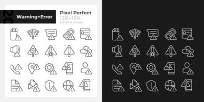 Warning signals pixel perfect linear icons set for dark, light mode. Electronic device breakage. Risk prevention. Silhouette symbols. Solid pictogram pack. Vector isolated illustration