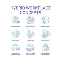 Hybrid workplace blue gradient concept icons set. Remote and in office work shifts. Flexible schedule idea thin line color illustrations. Isolated symbols. vector