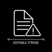 File error white linear icon for dark theme. Access failure. Data destruction and corruption. Storage issue. Thin line illustration. Isolated symbol for night mode. Editable stroke. vector