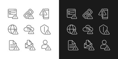 Network connect issues pixel perfect linear icons set for dark, light mode. Internet connection interruption. Isolated vector illustrations. Simple filled line drawings collection. Editable stroke