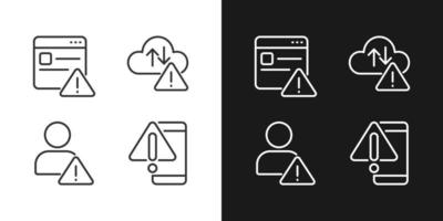 Website access denied pixel perfect linear icons set for dark, light mode. Cloud data storage issue. Smartphone breakage. Silhouette symbols. Solid pictogram pack. Vector isolated illustration