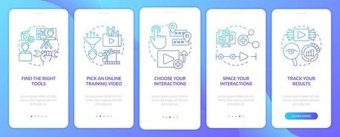 creación de pantalla de aplicación móvil de incorporación de degradado azul de video educativo. Instrucciones gráficas de 5 pasos con conceptos lineales. interfaz de usuario, ux, plantilla de interfaz gráfica de usuario. vector