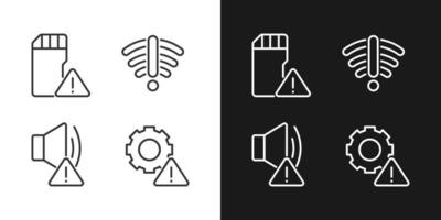 Hardware issues pixel perfect linear icons set for dark, light mode. Sound device breakdown. Storage capacity issue. Silhouette symbols. Solid pictogram pack. Vector isolated illustration