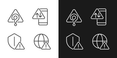 Internet connection issues pixel perfect linear icons set for dark, light mode. Unknown system error. Smartphone data problem. Silhouette symbols. Solid pictogram pack. Vector isolated illustration