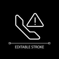 Call warning white linear icon for dark theme. Telecommunication service error. Dialing interruption. Thin line illustration. Isolated symbol for night mode. Editable stroke. vector