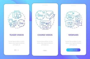 Online tutorials types blue gradient onboarding mobile app screen. Walkthrough 3 steps graphic instructions with linear concepts. UI, UX, GUI template. vector