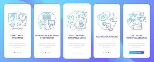 Sales online training videos blue gradient onboarding mobile app screen. Walkthrough 5 steps graphic instructions with linear concepts. UI, UX, GUI template. vector