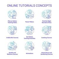 Online tutorials blue gradient concept icons set. Distant learning. Virtual education idea thin line color illustrations. Isolated symbols. vector