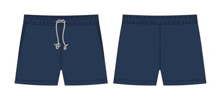 Blank shorts pants technical sketch design template. Dark blue color. vector