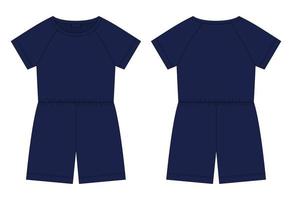 Cotton oversized raglan jumpsuit technical sketch. Dark blue color. Women's romper design template. vector