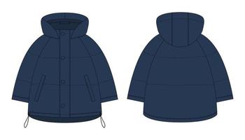 Ooversized raglan puffer winter down coat technical sketch. Dark blue color. vector