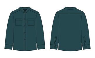 Blank shirt with pockets and buttons technical sketch. Dark green color. vector