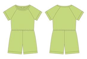 Cotton oversized raglan jumpsuit technical sketch. Light green color. Women's romper design template. vector