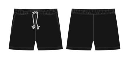 Blank shorts pants technical sketch design template. Black color. Casual shorts with pockets and lace. vector