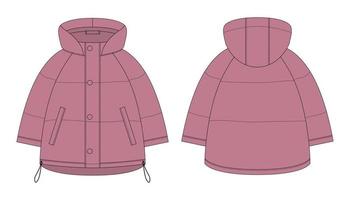 Ooversized raglan puffer winter down coat technical sketch. Pudra color vector