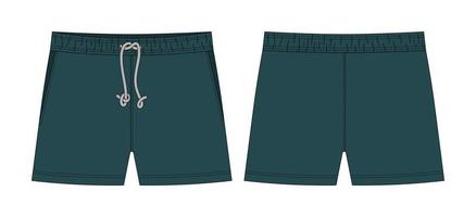 Blank shorts pants technical sketch design template. Dark green color. vector