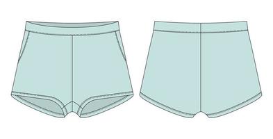 Blank shorts pants technical sketch design template. Light blue color. Casual shorts with pockets. vector