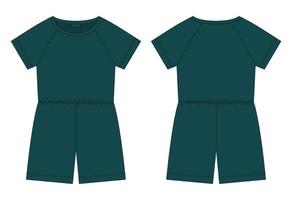 Cotton oversized raglan jumpsuit technical sketch. Dark green color. vector
