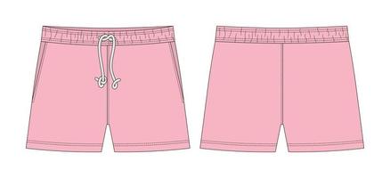 Blank shorts pants technical sketch design template. Peach pink color. Casual shorts with pockets and lace. vector