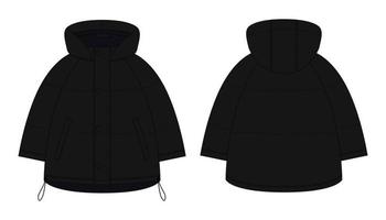 Ooversized raglan puffer winter down coat technical sketch. Black color. vector