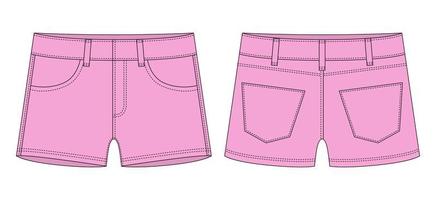 Denim short with pockets technical sketch. Pink color. Kids jeans shorts design template. vector