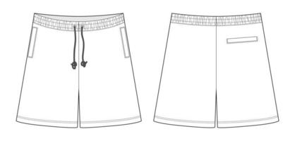 Technical sketch blank shorts pants design template. Casual shorts with pockets and lace. vector