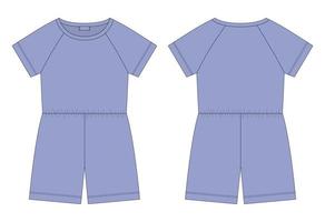 Cotton oversized raglan jumpsuit technical sketch. Cool blue color. Women's romper design template vector