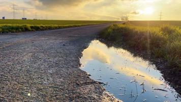 água de poça perto da estrada em campo verde e pôr do sol video