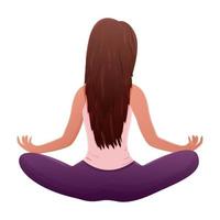 Meditation female character sitting in lotus pose, back view in cartoon style isolated on white background. Vector illustration