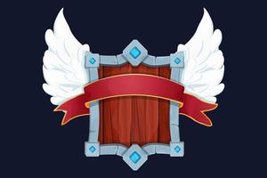 Stone and wooden victory shield with wings, medieval with gemstones and award ribbon in cartoon style isolated on white background. Game weapon, frame, menu element. . Vector illustration