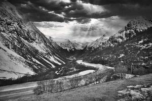 Descent from Gairanger glacier in Norway to the valley in snow and sunshine. photo